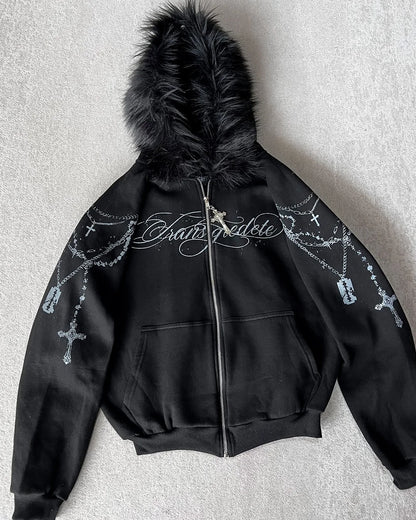 American Retro Rock Gothic Graphic Fur Collar Loose Zipper Sweatshirt Men's Y2K New Harajuku Punk Casual Joker Hoodie Streetwear