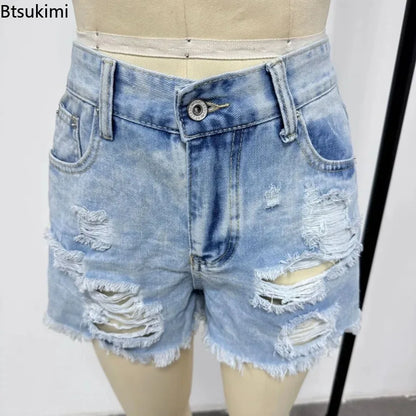 2026 Summer Ripped Jeans Women's Vintage Denim Shorts Fashion High Waist Skinny Washed Jean Shorts Holes Tassel Femme Hot Pants