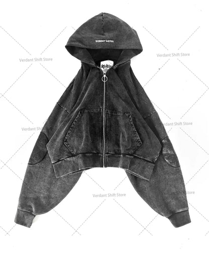 Retro Washed Embroidered Men's Hoodie Hip-Hop Streetwear Cotton Oversized Zip-Up Hooded Sweatshirt Stylish Couple's Activewear