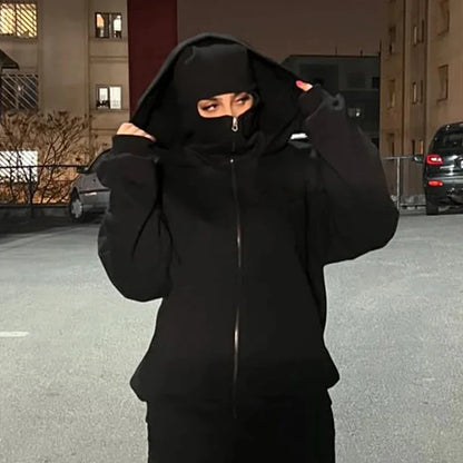 Men's and women's Balaclava Y2K Gothic Harajuku winter new item double hooded sweatshirt men's hooded mask zipper sportswear