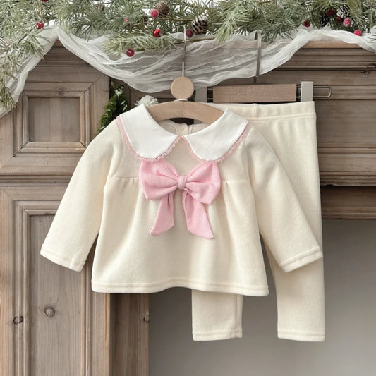Baby Clothing Sets Autumn Cotton Cute Sweet 2 PCS Baby Girls Clothes Solid Color Bow Collar Skirt Pants Outfit