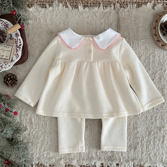 Baby Clothing Sets Autumn Cotton Cute Sweet 2 PCS Baby Girls Clothes Solid Color Bow Collar Skirt Pants Outfit
