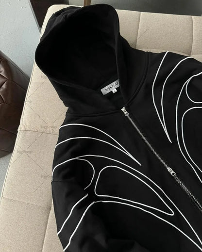 Striped splicing embroidery oversized hoodie American new clothing high street trend brand double zipper black zipper sweatshirt