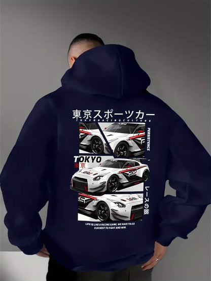 Behind the elements of the Japanese Tokyo Motor City, there is a big picture printed men's casual street style hoodie, sweatshir