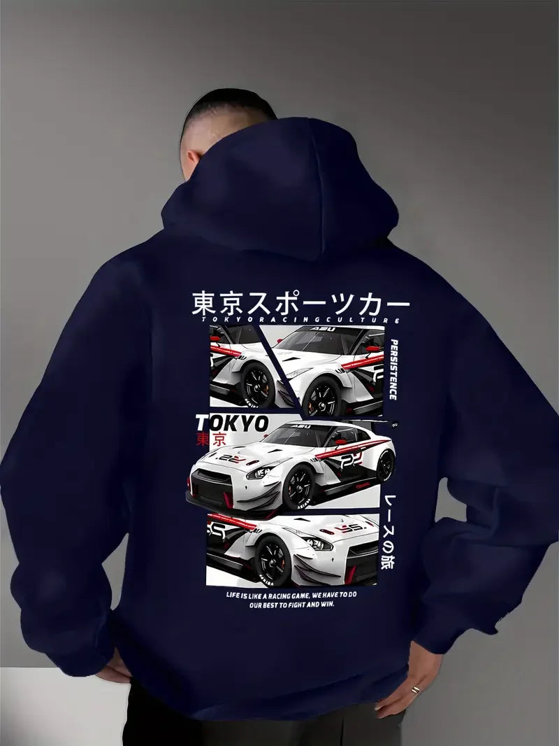 Behind the elements of the Japanese Tokyo Motor City, there is a big picture printed men's casual street style hoodie, sweatshir