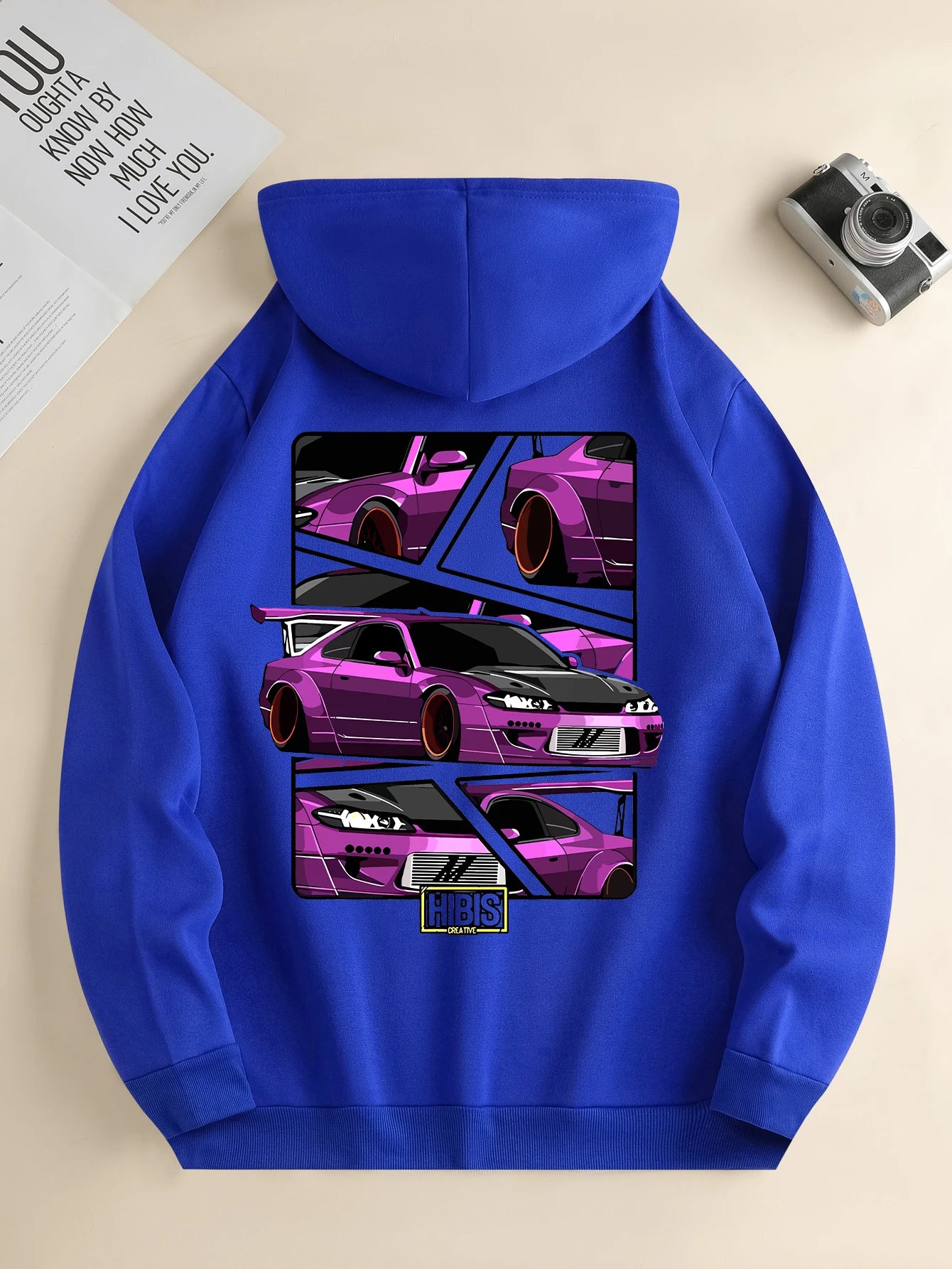 Men's new fashion hoodie, casual daily drawstring hooded sweatshirt car print, front kangaroo pocket, jacket