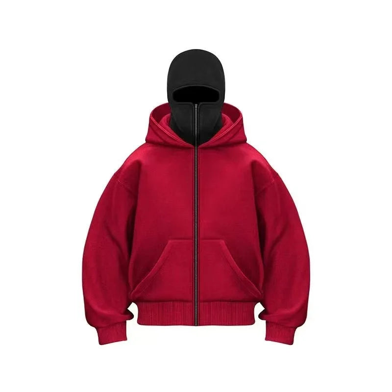 Men's and women's Balaclava Y2K Gothic Harajuku winter new item double hooded sweatshirt men's hooded mask zipper sportswear