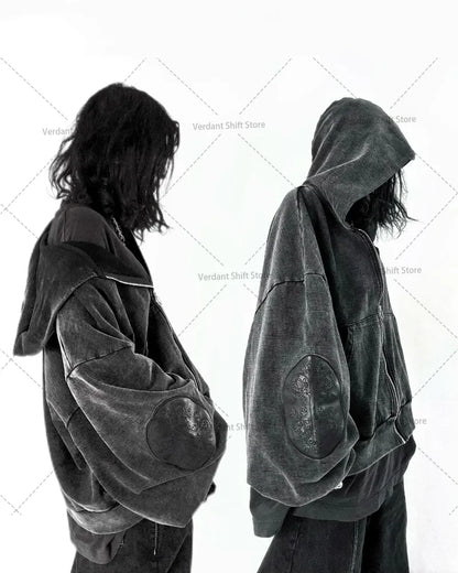 Retro Washed Embroidered Men's Hoodie Hip-Hop Streetwear Cotton Oversized Zip-Up Hooded Sweatshirt Stylish Couple's Activewear