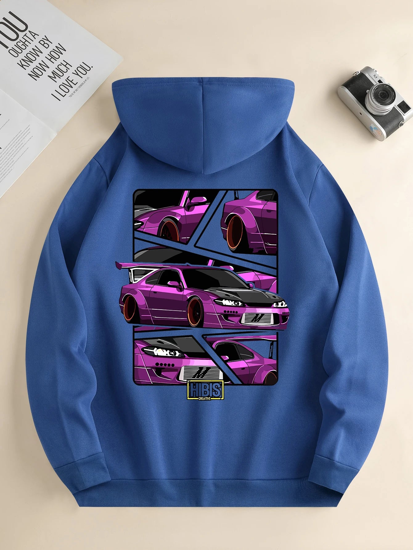 Men's new fashion hoodie, casual daily drawstring hooded sweatshirt car print, front kangaroo pocket, jacket