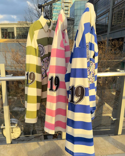 Sume Gothic Klein Stone Embroidery Loose Long Sleeved T Shirt Y2k Harajuku Hip Hop Men Women Stripe Polo Shirt Lapel Neck Shirt