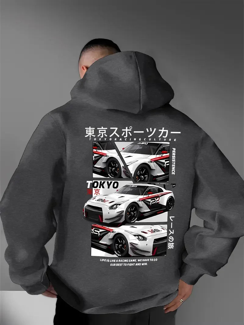 Behind the elements of the Japanese Tokyo Motor City, there is a big picture printed men's casual street style hoodie, sweatshir
