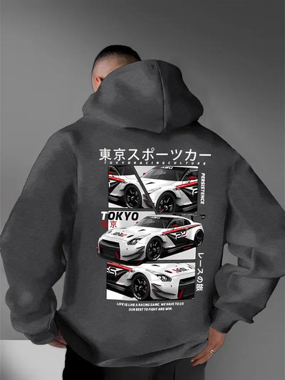 Behind the elements of the Japanese Tokyo Motor City, there is a big picture printed men's casual street style hoodie, sweatshir
