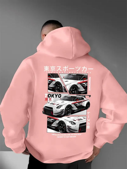 Behind the elements of the Japanese Tokyo Motor City, there is a big picture printed men's casual street style hoodie, sweatshir