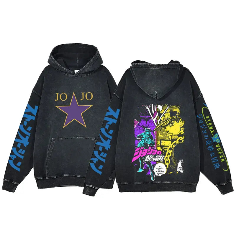 Anime Jojo Bizarre Adventure Print Hoodie Men Vintage Pullover Winter Hip Hop Washed Hooded Sweatshirt Streetwear Oversized Tops