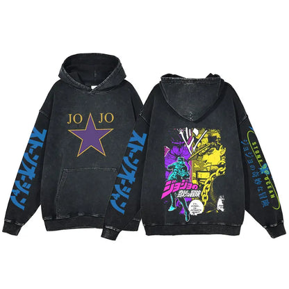 Anime Jojo Bizarre Adventure Print Hoodie Men Vintage Pullover Winter Hip Hop Washed Hooded Sweatshirt Streetwear Oversized Tops