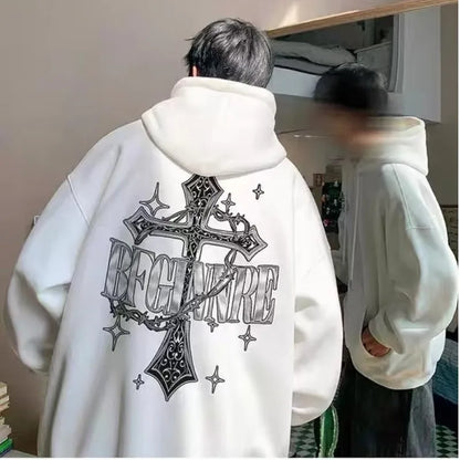 M-8XL Hoodie Men's Large Hoodie American Retro Loose Fashion High Street Cross Chain Printed Long Sleeve Double Shirt