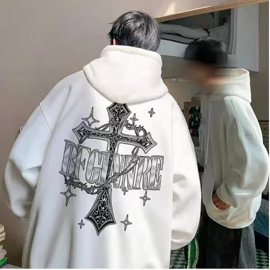 M-8XL Hoodie Men's Large Hoodie American Retro Loose Fashion High Street Cross Chain Printed Long Sleeve Double Shirt