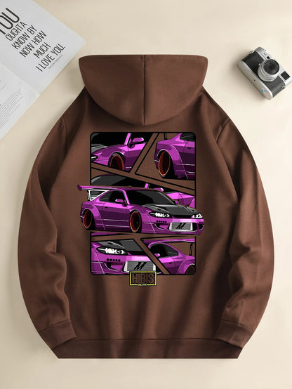 Men's new fashion hoodie, casual daily drawstring hooded sweatshirt car print, front kangaroo pocket, jacket