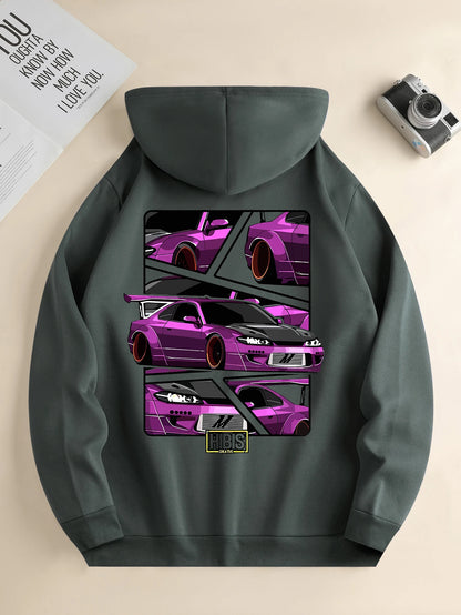 Men's new fashion hoodie, casual daily drawstring hooded sweatshirt car print, front kangaroo pocket, jacket