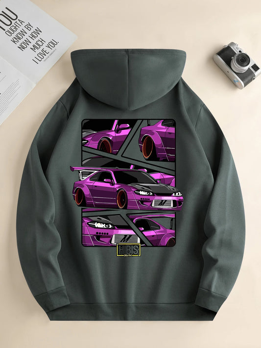 Men's new fashion hoodie, casual daily drawstring hooded sweatshirt car print, front kangaroo pocket, jacket