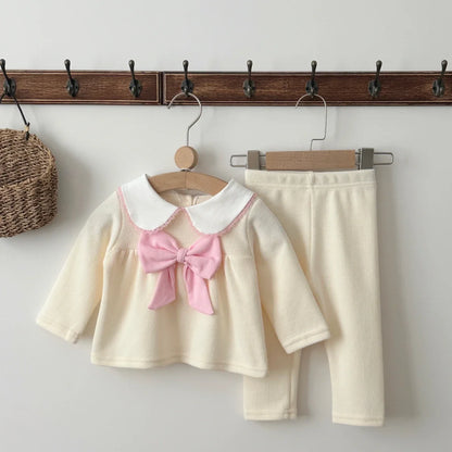 Baby Clothing Sets Autumn Cotton Cute Sweet 2 PCS Baby Girls Clothes Solid Color Bow Collar Skirt Pants Outfit