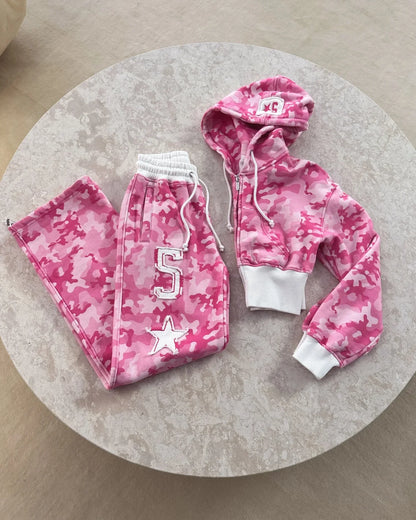Fashion Trend Y2k Sportswear Two Piece Set Women Hip Hop Punk Camo Short Waist Slim Zipper Hoodie Casual High Waist Sports Pants