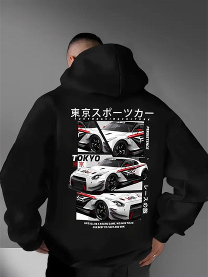 Behind the elements of the Japanese Tokyo Motor City, there is a big picture printed men's casual street style hoodie, sweatshir