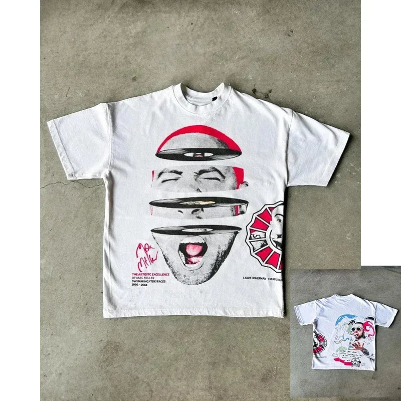Y2K New American retro street portrait printed short sleeve T-shirt men Goth Harajuku fashion couple casual loose oversized top
