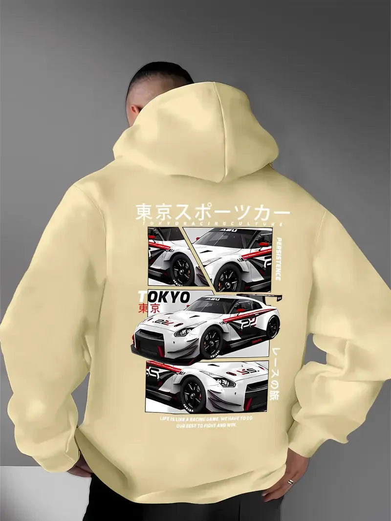Behind the elements of the Japanese Tokyo Motor City, there is a big picture printed men's casual street style hoodie, sweatshir