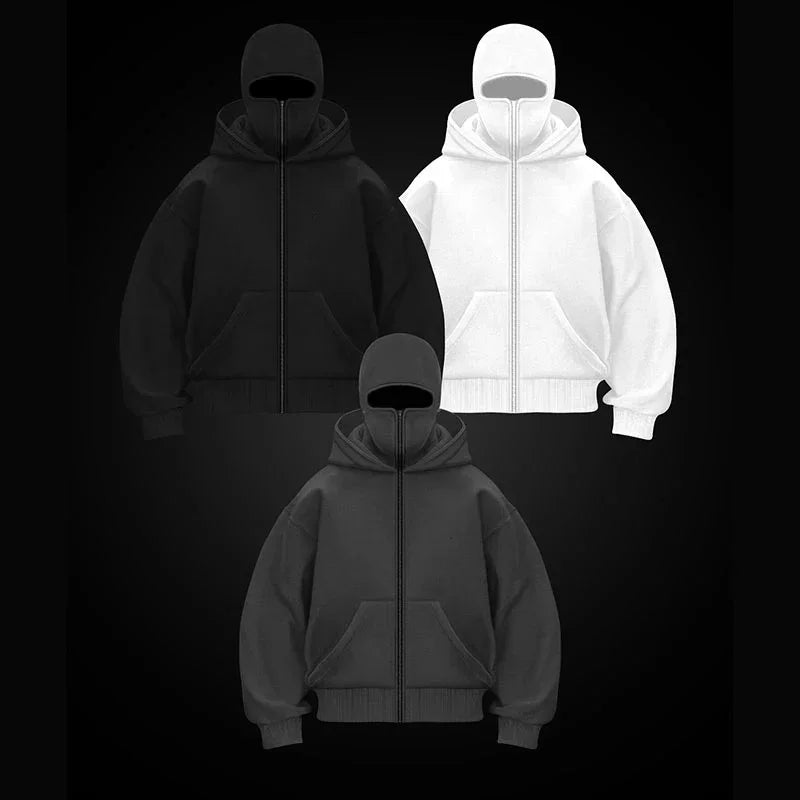 Men's and women's Balaclava Y2K Gothic Harajuku winter new item double hooded sweatshirt men's hooded mask zipper sportswear