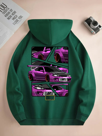 Men's new fashion hoodie, casual daily drawstring hooded sweatshirt car print, front kangaroo pocket, jacket