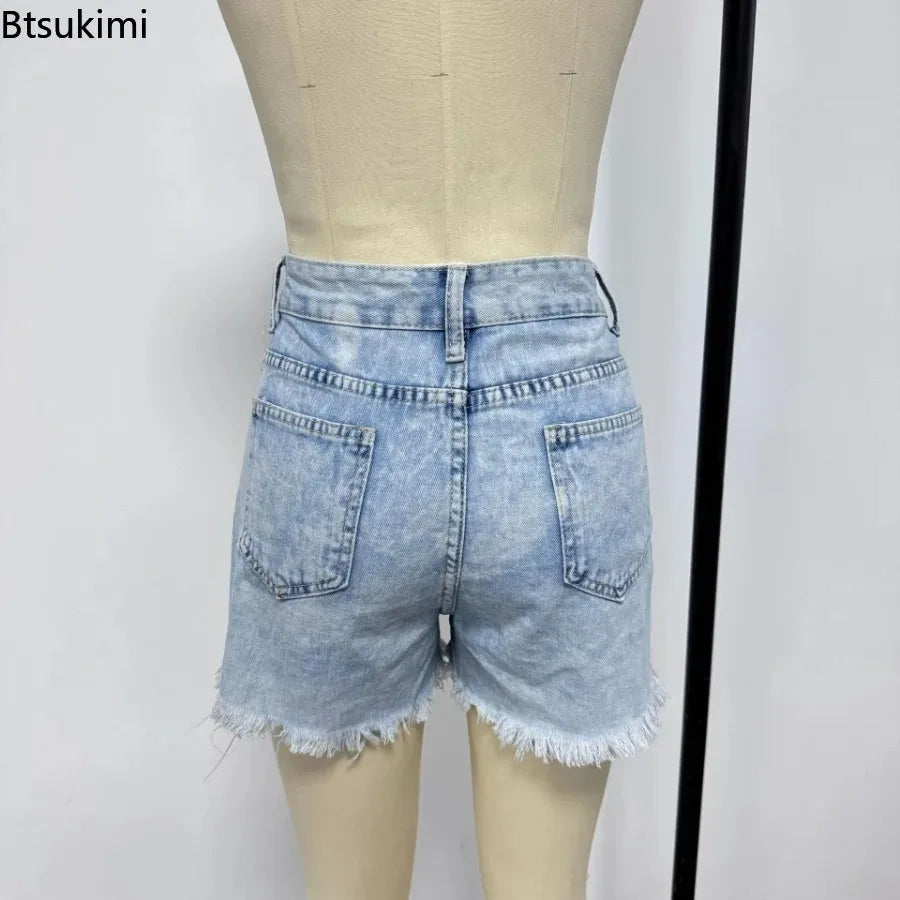 2026 Summer Ripped Jeans Women's Vintage Denim Shorts Fashion High Waist Skinny Washed Jean Shorts Holes Tassel Femme Hot Pants