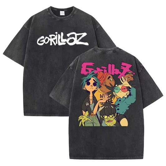 Gorillaz Print T-shirts for Women/Men Summer Short Sleeve Round Neck Tee Shirts Personalized Graphic Washed Cotton T Shirt Tops