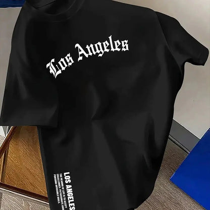 Men's Summer 100% Cotton Fashion Los Angeles Letter Printed Loose Large Casual Comfortable Round Neck Short Sleeve T-shirt Top