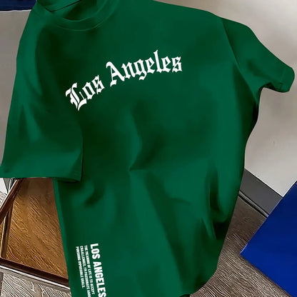 Men's Summer 100% Cotton Fashion Los Angeles Letter Printed Loose Large Casual Comfortable Round Neck Short Sleeve T-shirt Top