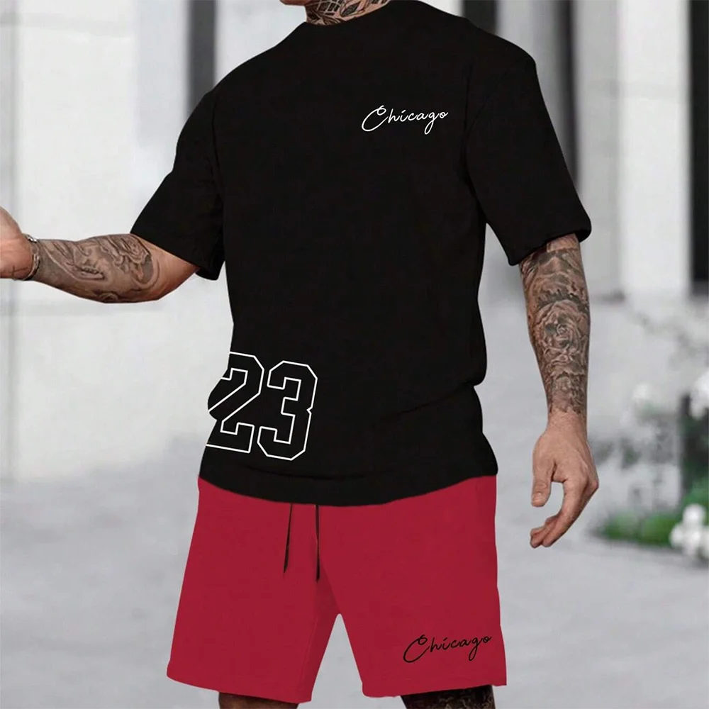 2025 summer new men's T-shirt shorts set sunglasses bear print short sleeved round neck T-shirt summer casual outdoor comfortabl