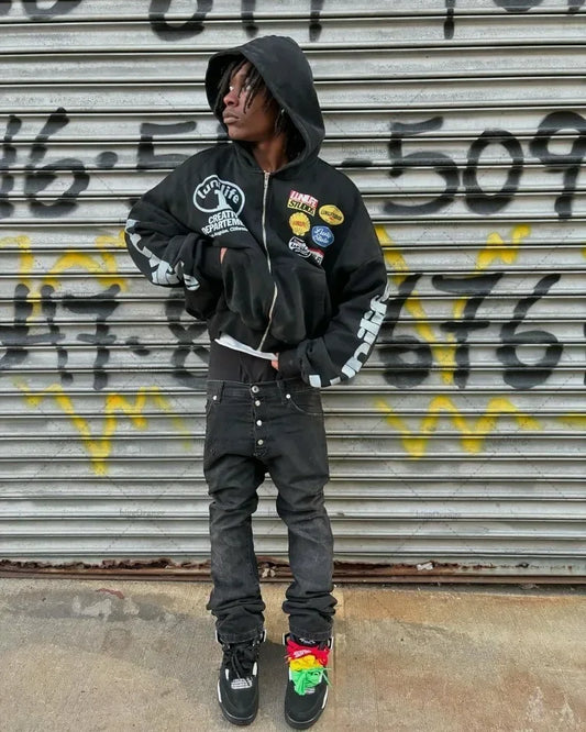 New Trend zip up hoodies Y2K  Harajuku Punk Casual Clothes Trend Streetwear American Vintage Badge Print Zipper Hoodie for Men