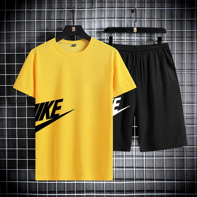 Men's summer short sleeved set, quick drying short sleeved T-shirt shorts, running sports set, two-piece set