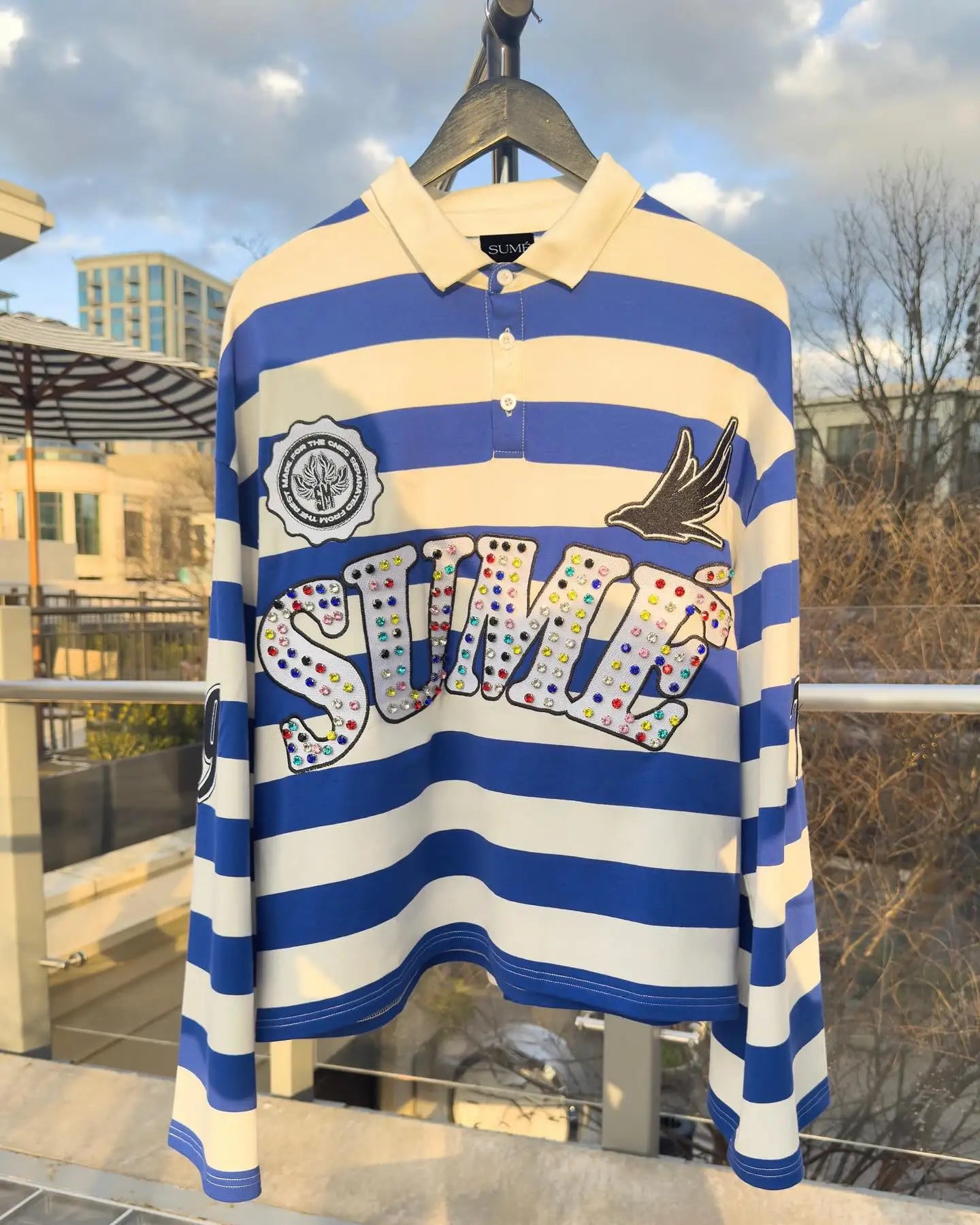 Sume Gothic Klein Stone Embroidery Loose Long Sleeved T Shirt Y2k Harajuku Hip Hop Men Women Stripe Polo Shirt Lapel Neck Shirt