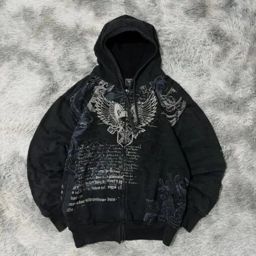 American Retro Rock Gothic Graphic Fur Collar Loose Zipper Sweatshirt Men's Y2K New Harajuku Punk Casual Joker Hoodie Streetwear