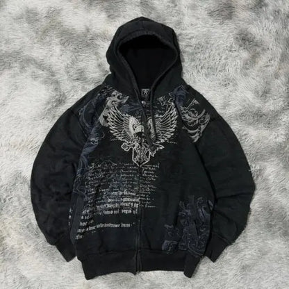 American Retro Rock Gothic Graphic Fur Collar Loose Zipper Sweatshirt Men's Y2K New Harajuku Punk Casual Joker Hoodie Streetwear