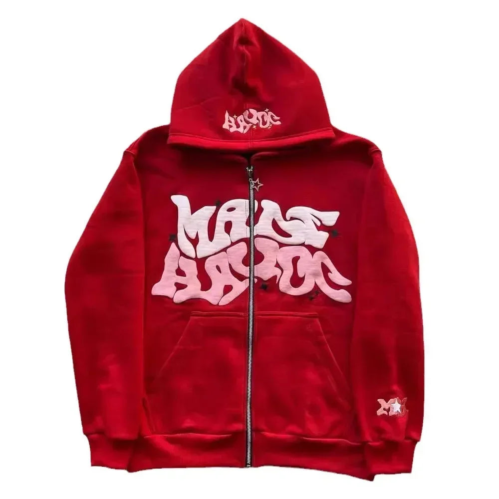 Zipper hooded sweatshirt with retro American letters suitable for men and women wearing Y2K jacket autumn/winter cardigan
