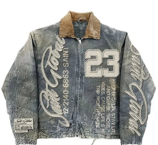 American Retro Jacket Y2K Clothes Men Women Hip Hop Letter Stitching Embroidery Washed Oversized Jackets Casual Coats Streetwear