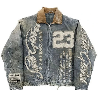 American Retro Jacket Y2K Clothes Men Women Hip Hop Letter Stitching Embroidery Washed Oversized Jackets Casual Coats Streetwear