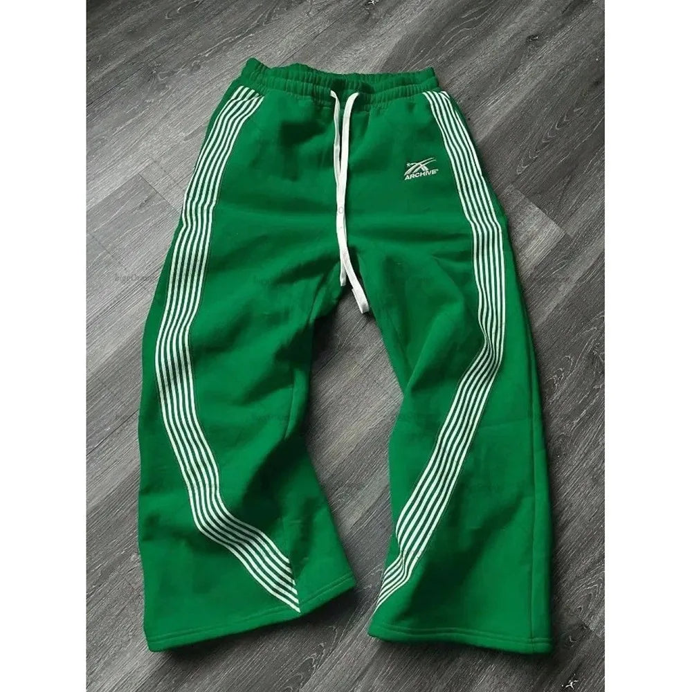 Men's Casual Striped Loose Wide Leg Pants Drawstring Straight Leg Sport Trousers Autumn Winter Fashion City Youth Polyester