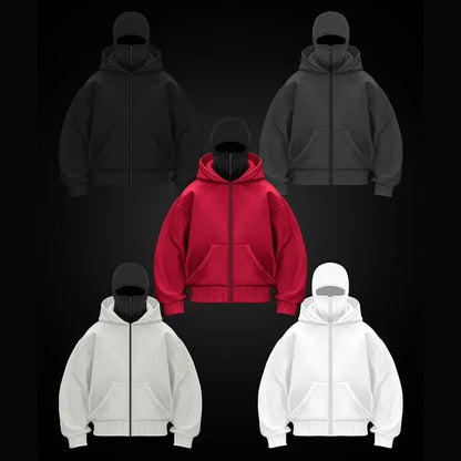 Men's and women's Balaclava Y2K Gothic Harajuku winter new item double hooded sweatshirt men's hooded mask zipper sportswear
