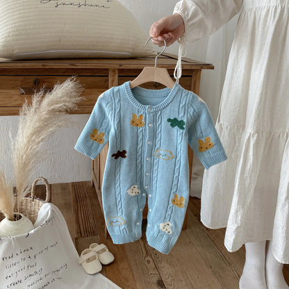 Baby Clothes 2025 Autumn and Winter New Knitted Jumpsuit for Boys and Girls Long Sleeve Cartoon Knitted Climbing Clothes
