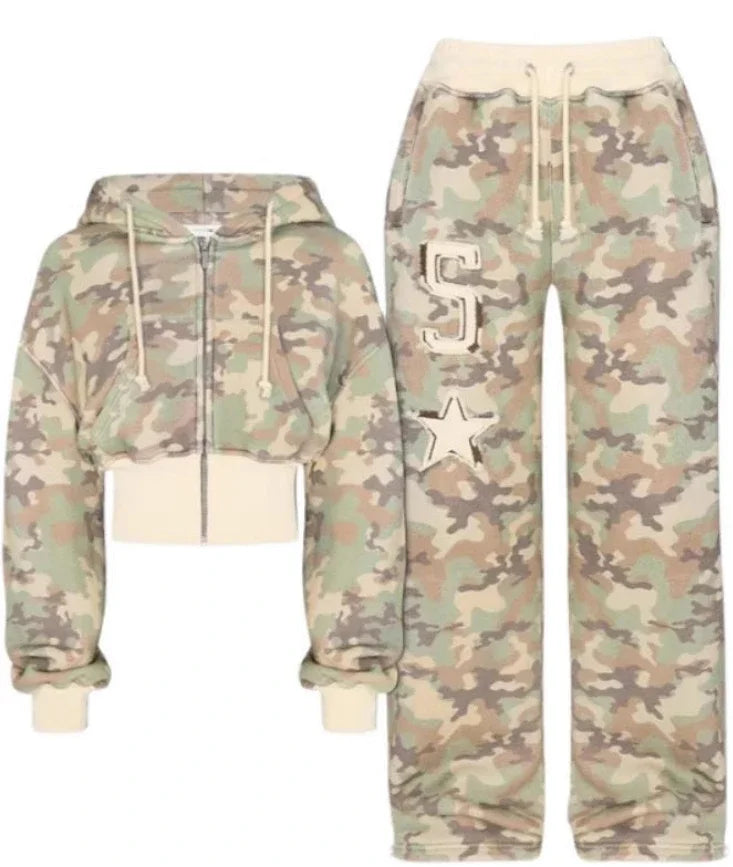 Fashion Trend Y2k Sportswear Two Piece Set Women Hip Hop Punk Camo Short Waist Slim Zipper Hoodie Casual High Waist Sports Pants