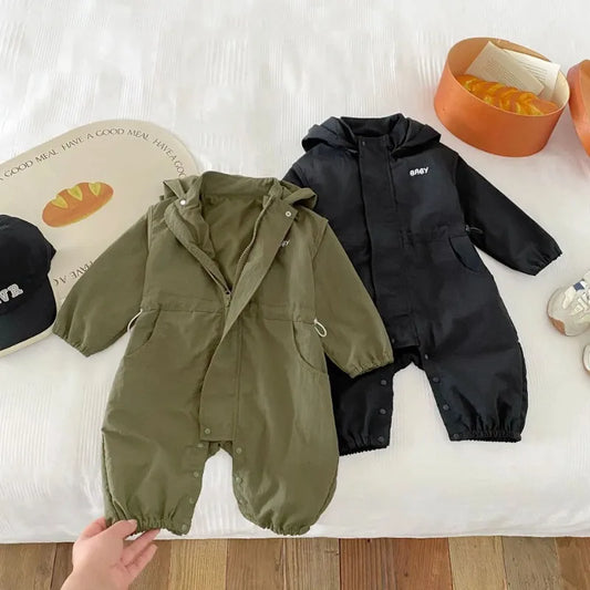 8990 Baby One-piece Clothes 2025 Spring New Baby Hooded Frock Boy's Clothes Casual 0-3Year Baby Climbing Clothes
