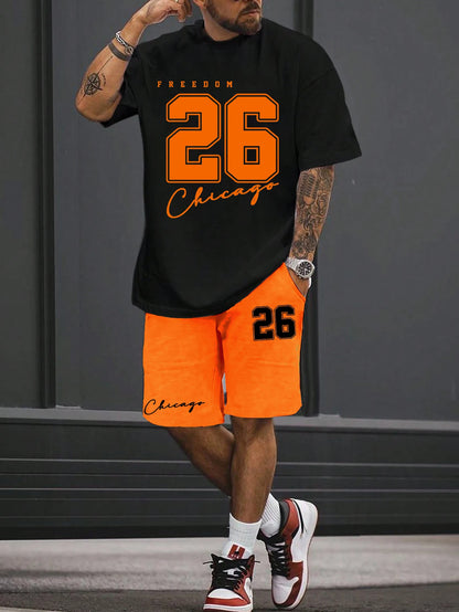 2025 summer new men's T-shirt shorts set sunglasses bear print short sleeved round neck T-shirt summer casual outdoor comfortabl